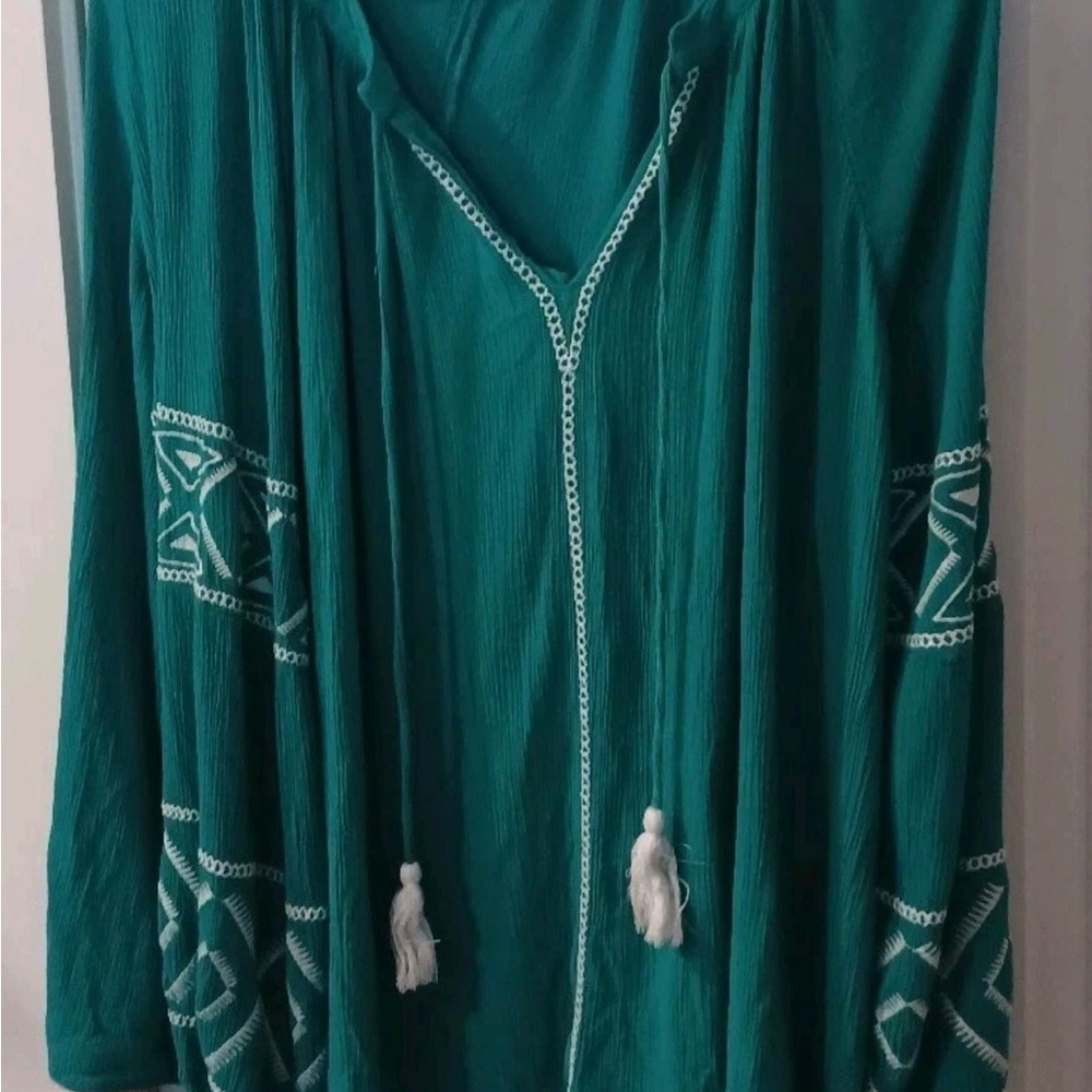 Layne Bryant Teal Boho Embroidered Tassel Cardigan size 24 Coastal Beach